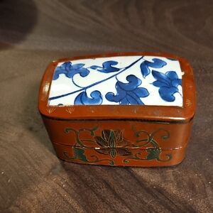 Handcrafted Floral Wood Box - Blue and Brown
